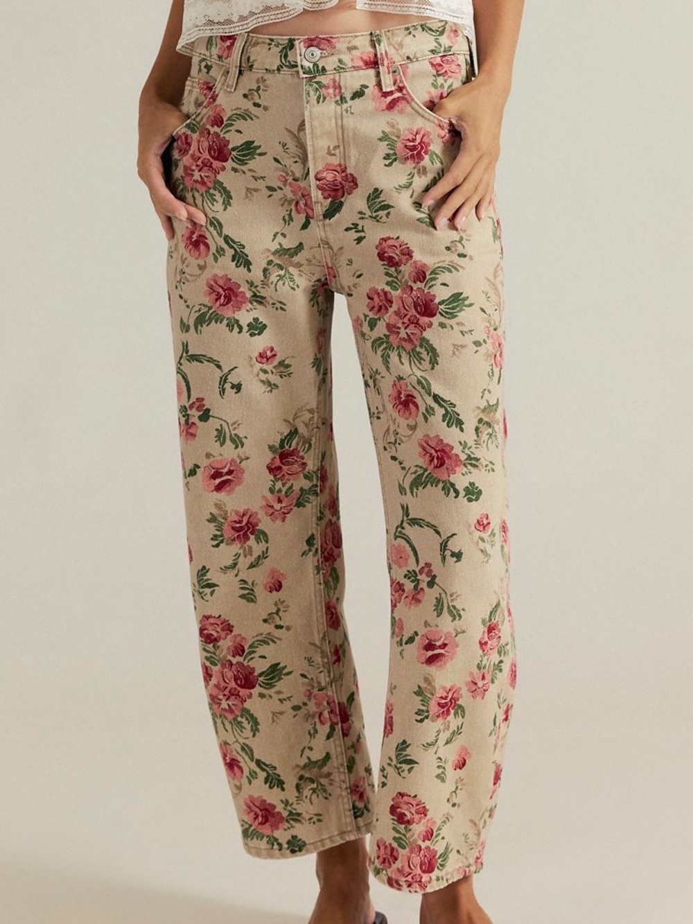 We The Free Beige Floral Straight-Leg Jeans